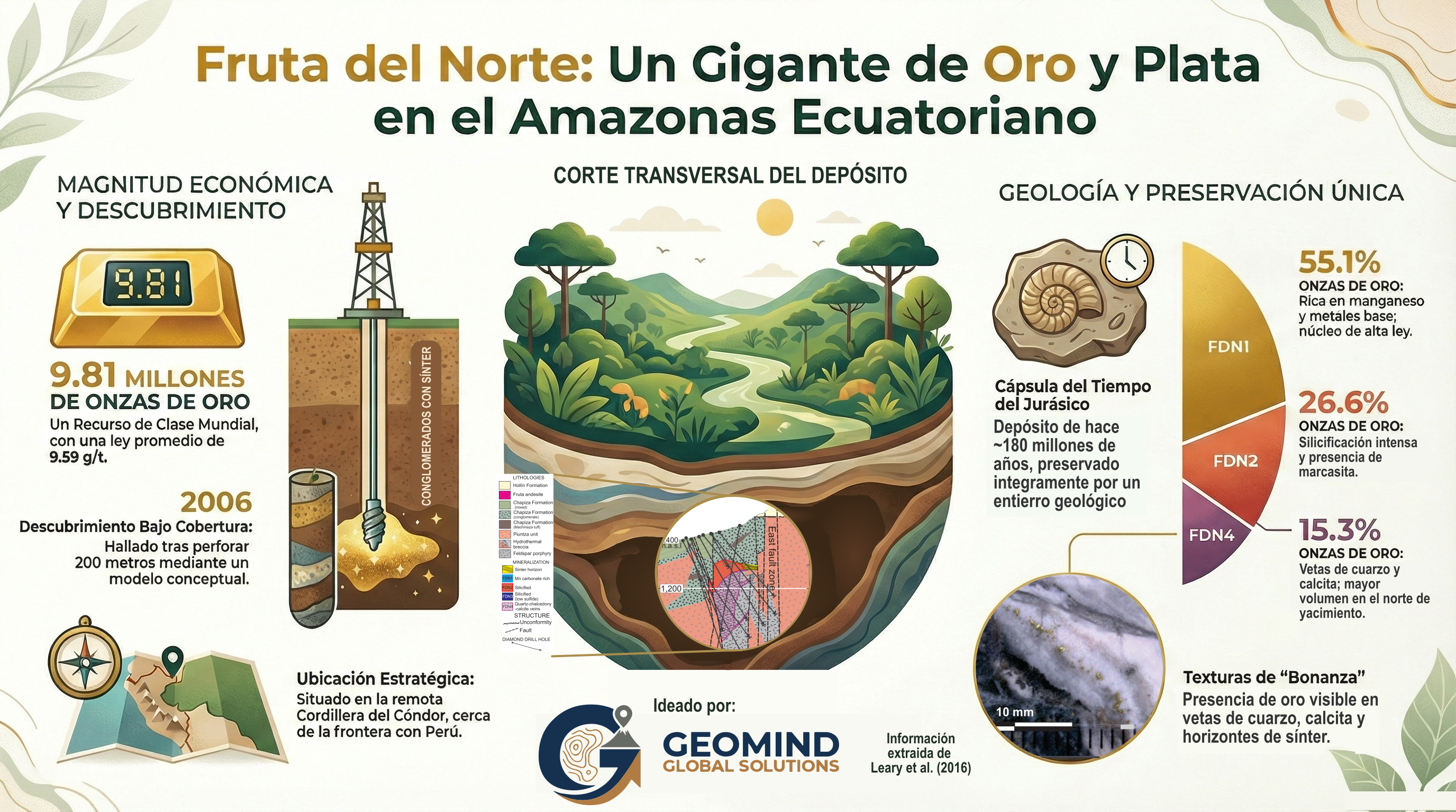 Fruta del Norte, un gigante de oro y plata en el amazonas ecuatoriano, información extraída de Leary et al. (2016)