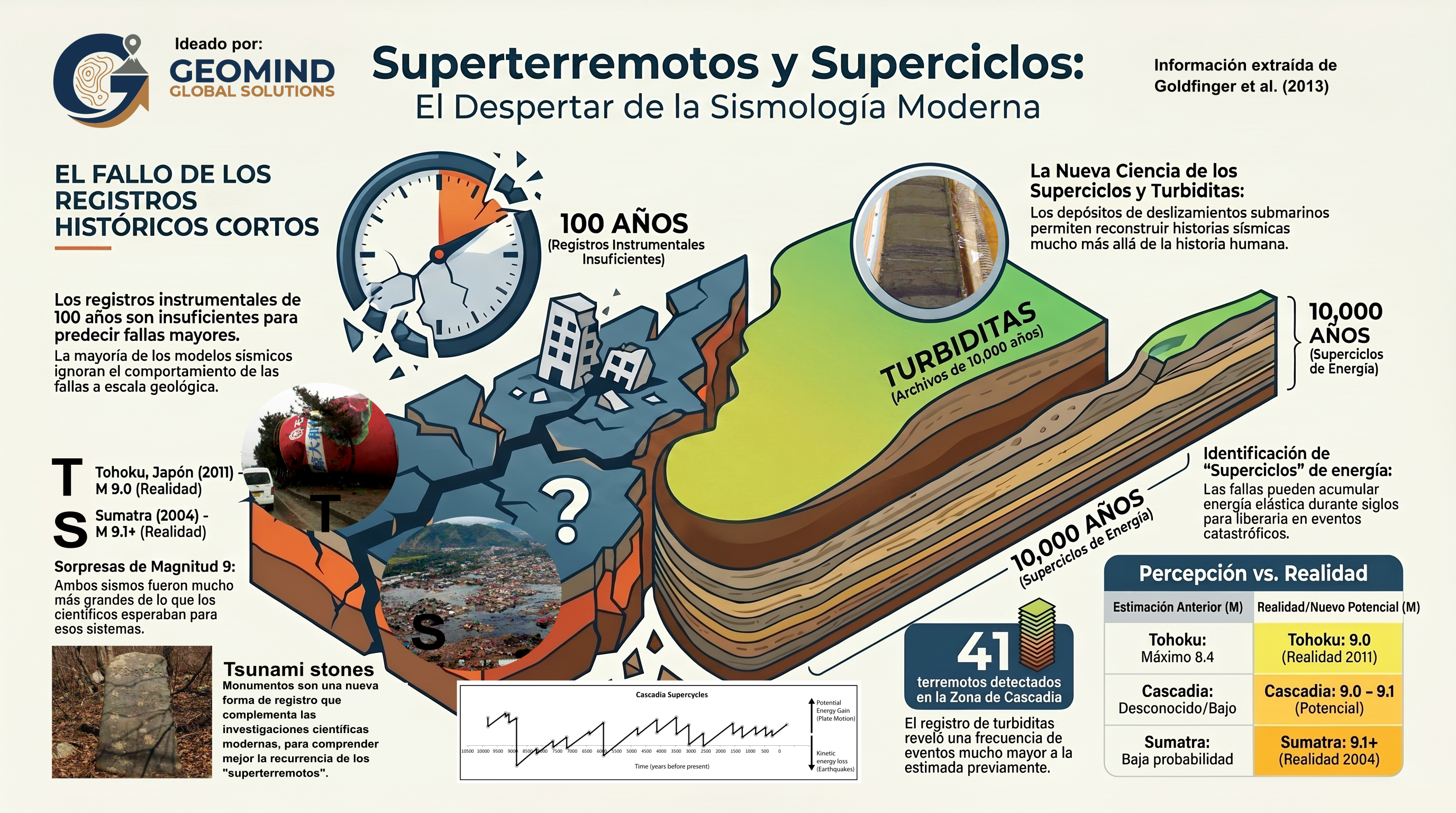 La historia sísmica no se mide en décadas, sino en miles de años. Los registros geológicos —como las turbiditas y las “tsunami stones”— revelan que los grandes terremotos